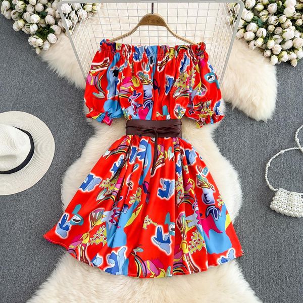 

basic casual dresses summer fashion women off shoulder mini dress runway slash neck short sleeve floral print belt party vestidos 2023, Black;gray