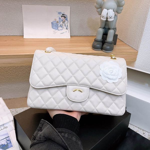 

30cm large capacity women double flap shoulder bag caviar leather gold and silver badge luxury handbag adjustable chain classic clutch outdo