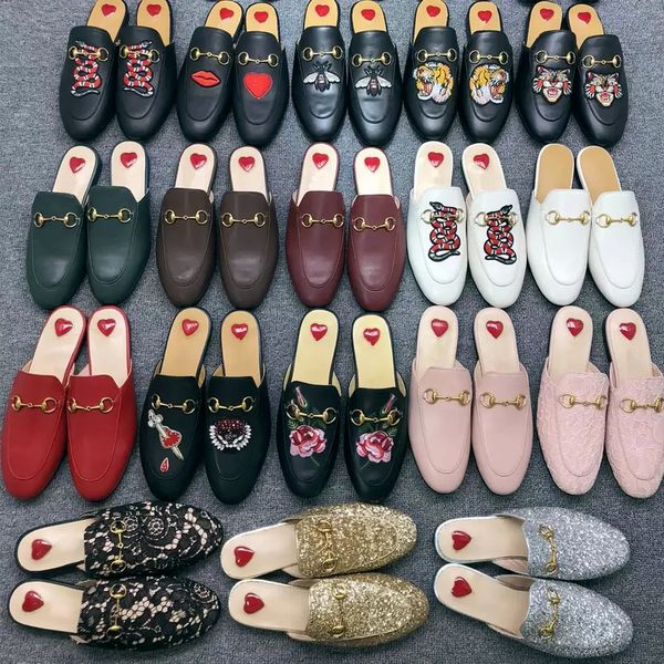 

designer princetown slippers genuine leather mules sandal women loafers metal chain comfortable casual shoe lace velvet slipper, Black