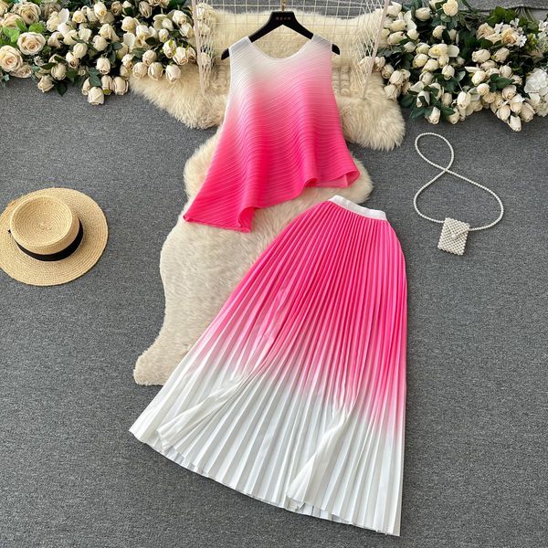 

two piece dress pleated skirt suit women o-neck gradient irregular loose + high waist a-line maxi skirt 2 pieces set outfits 2023, White