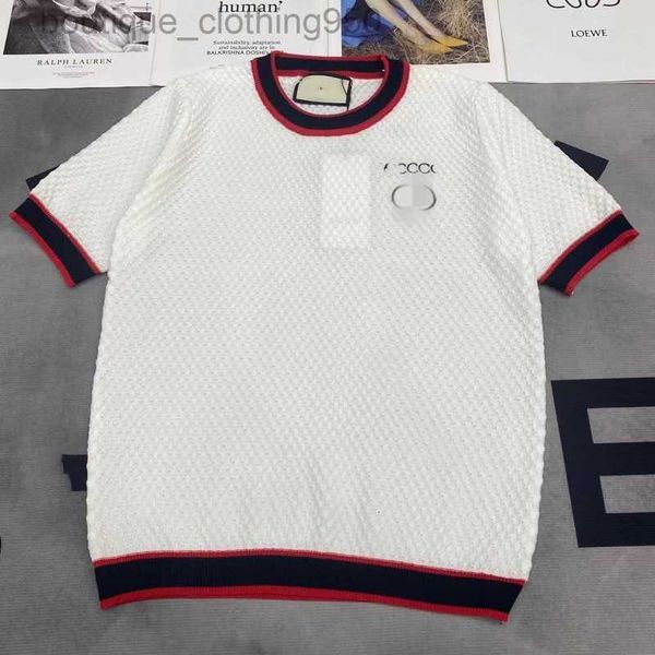 

summer short sleeve t shirt for women contrast stripe letter embroidery knit short round neck top, White