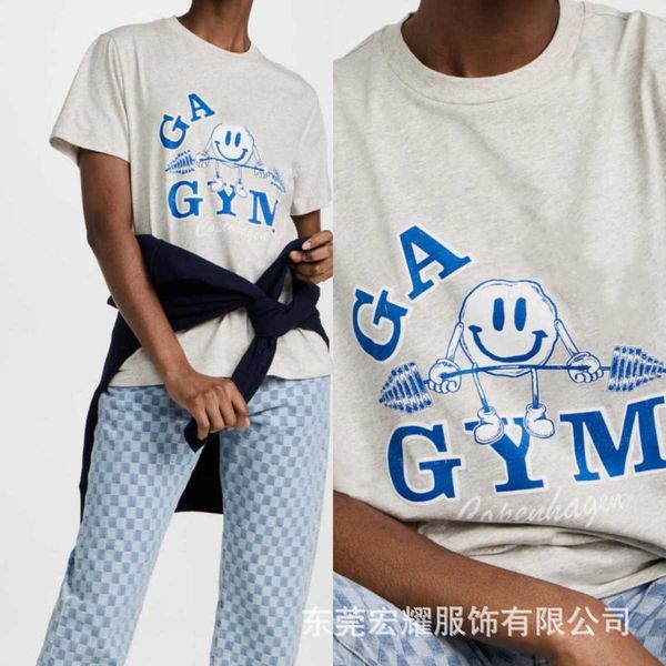 

2023 summer new niche gan vintage smiley face letter print round neck loose fitting short sleeved t light gray, White