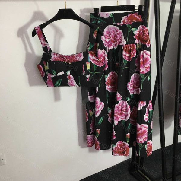 

23ss womens designer clothing skirt set peony flower print with chest halter high-waisted hemline skirt sets womens clothing, White