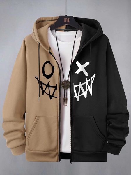 

men 's fashion romwe guys cartoon graphic zip up two tone drawstring hoodie without, White;black