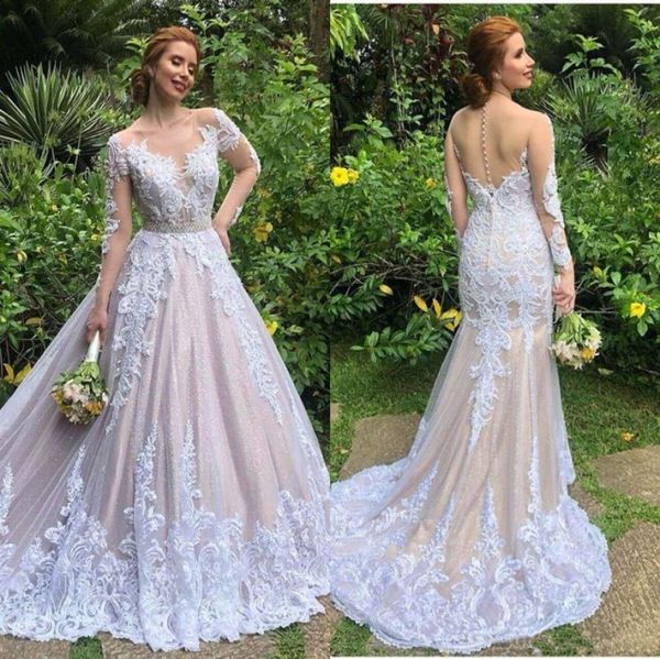 

luxury champagne long sleeves lace appliqued aline wedding dress vintage saudi arabia dubai plus size bridal gown2518256, White