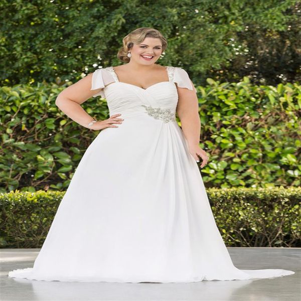 

new a line summer beach chiffon wedding dresses plus size long princess bridal gowns with capped sleeve w1359241y, White