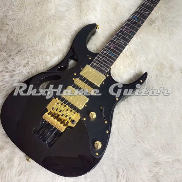 

rhxflame black stevepia 7 black electric guitar abalone tree of life inlay floyd rose tremolo lions claw cavity white pearl pickguard gold h