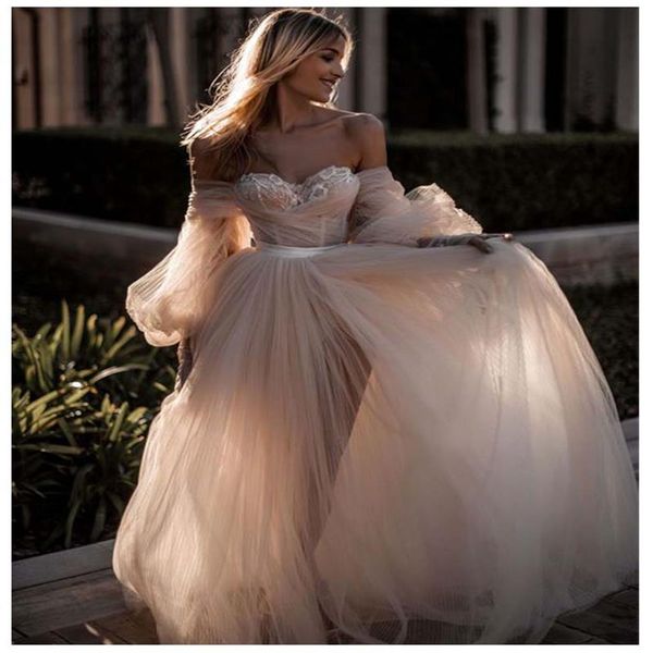 

lorie light pink princess wedding dress sweetheart appliqued puff sleeves bride dress a-line tulle backless boho wedding gown231n, White