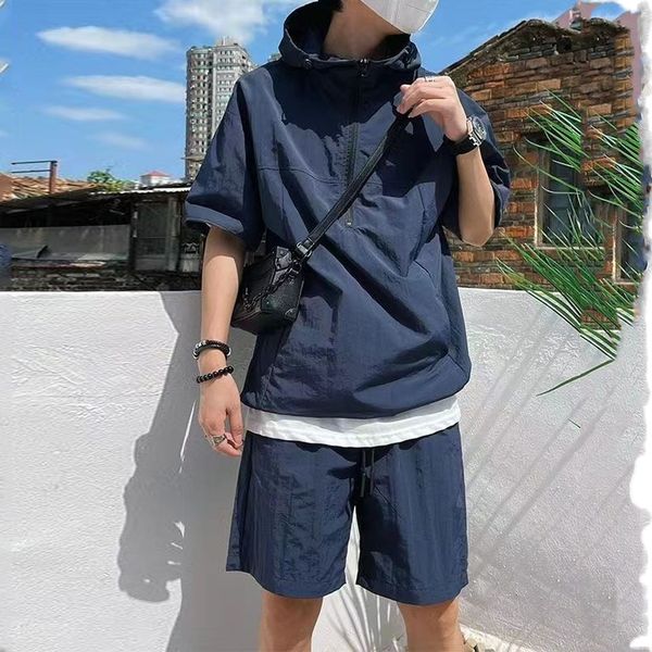 

men's tracksuits oversized 2pcs men summer tracksuit shorts set hooded zipped t shirt matching solid cargo casual suit male clothes 230, Gray