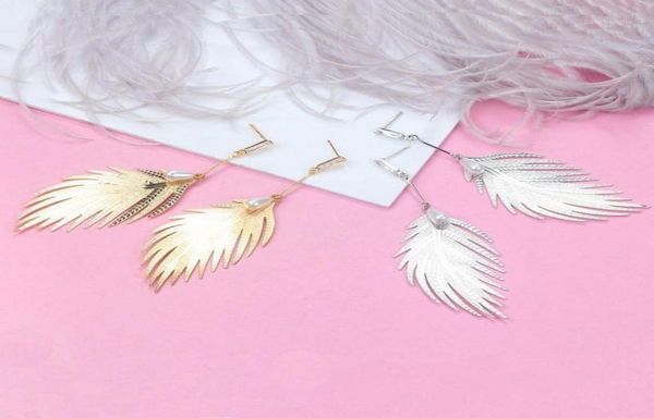 

dangle chandelier 2022 women unique natural big leaf earrings simulated pearls long trendy jewelry simple drop8477735, Silver