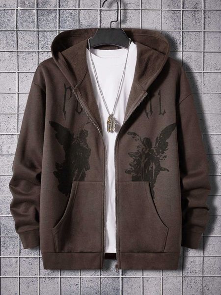 

men 's fashion emrg men angel letter graphic kangaroo pocket sweatshirt, White;black