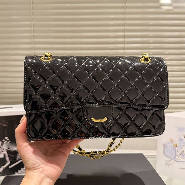 

25cm women designer medium classic double flap bag glossy patent leather gold/silver metal hardware matelasse chain crossbody shoulder handb