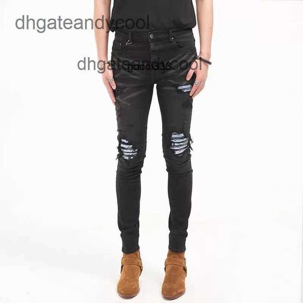 

hole amirly jeans designer jean mens pant ch high street tide brand washing water used black blue cashew flower paste cloth slim fit small l