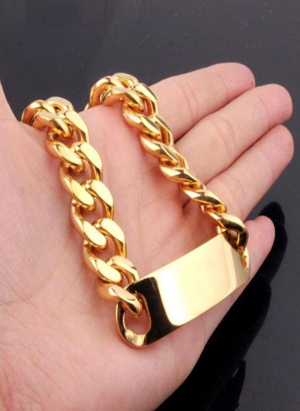 

christmas gift fashion stainless steel id bracelet men charm jewelry chain cuff whole polished gold colors 15mm wide4838432, Black