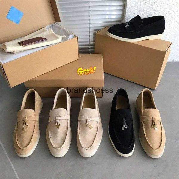 

mens womens fashion casual shoes loro piana suede loafers designer classic buckle round toes flat heel rubber platform leisure comfort four, Black