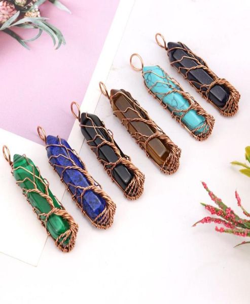 

healing crystal natural stone hexagon pillar charms necklaces twine copper tree of life wire wrap pendant amethyst tiger eye rose 6551460, Silver
