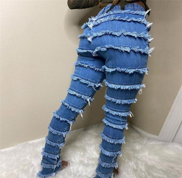 

denim sweatsuit women039s set cascading skinny bodycon jeans women high waist streetwear panelled trousers with pocket pan1211820, Blue