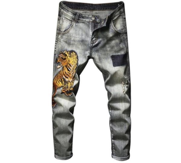 

mens tiger patches embroidered badge ripped skinny jeans vintage washed stretch denim jeans slim hip hop trousers2956977, Blue