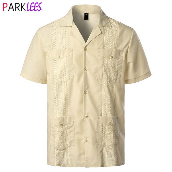 

men's casual shirts men's traditional cuban camp collar guayabera shirt short sleeve embroidered mexican caribbean style beach shi, White;black