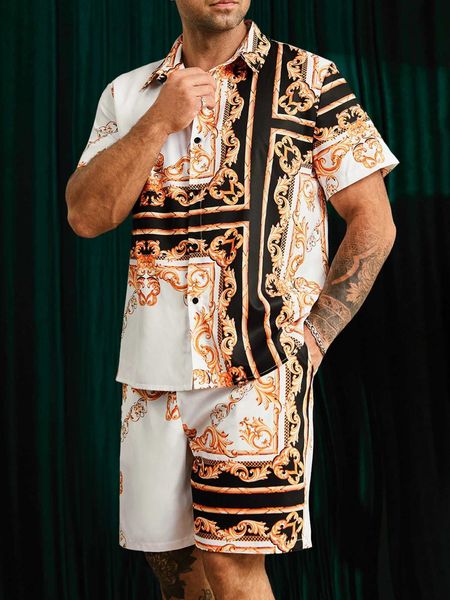 

men's clothing aftrdrk men baroque shirt with drawstring waist shorts, White;black