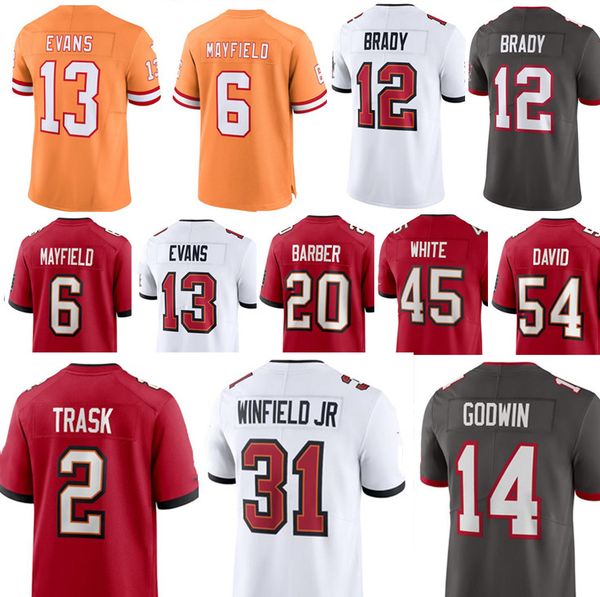 

football jersey 12 tom brady 13 mike evans 54 lavonte david 6 baker mayfield 29 rachaad white 14 chris godwin 2 kyle trask 45 devin white 40, Black;red
