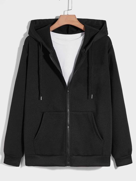 

men 's fashion romwe guys solid zip up pocket drawstring hoodie without, White;black