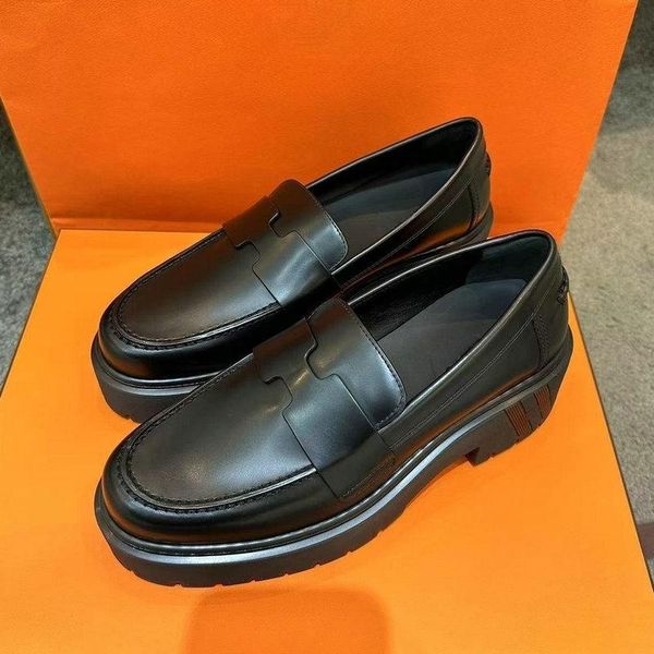 

designer womens formal shoes round head flat platform thick soled casual slip-on shoe fashionable leather versatile small leather shoes wome, Black