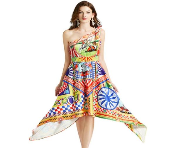 

oblique shoulder womens irregular dress sleeveless summer printed dress high end trend lady dresses party holiday dress8619082, Black