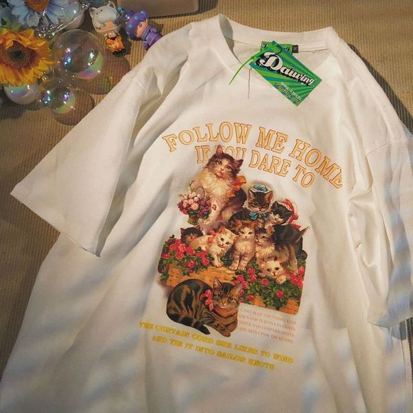 

women's tshirt cat loves rose american retro shortsleeved tshirt male couple halfsleeved korean version loose kawaii clothes 230721, White