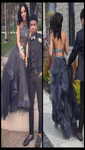 

black girls back prom dresses gray tulle two piece halter neck backless beaded sequins tiered ruffles party dress formal evening g7957258