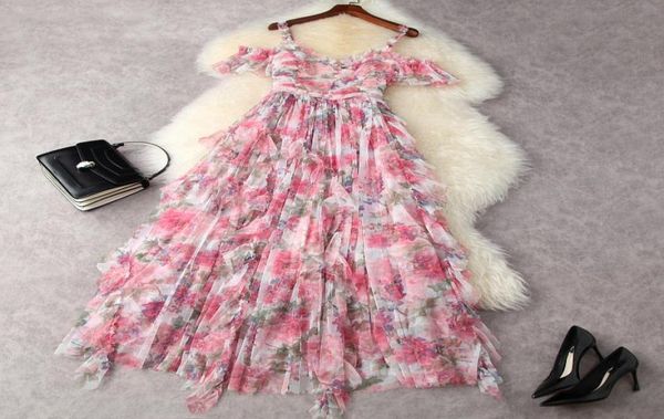 

european and american women039s wear for summer 2021 condole belt vneck mesh printing fashion pleated dress2168300, Black;gray