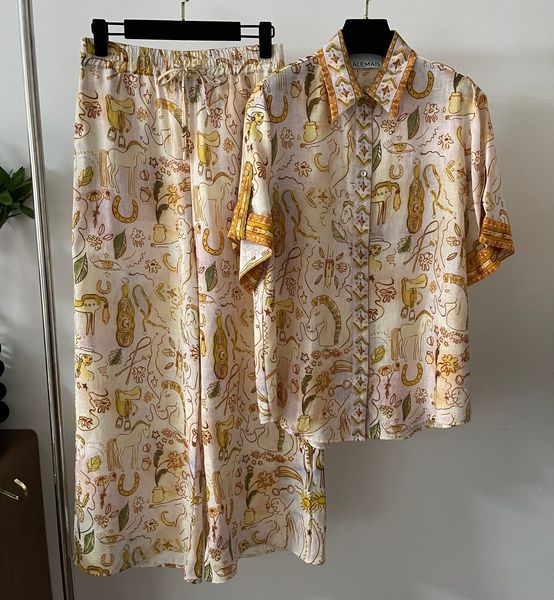 

designer two piece set linen gold set flower print fashion shirt with straight trousers women designer clothing, White
