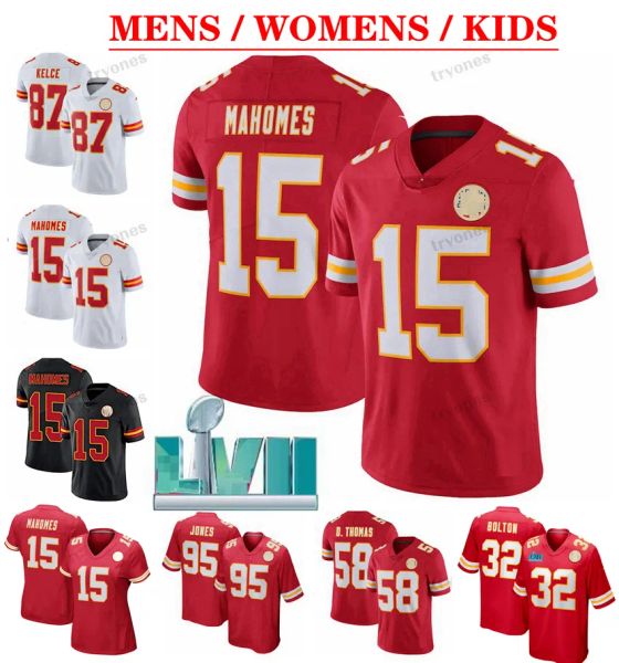 

mens lvii 15 patrick mahomes 87 travis kelce football jerseys womens kids pacheco chris jones edwards-helaire butker mckinnon reid valdes-sc, Black;red