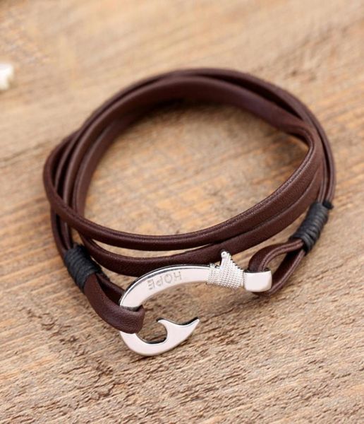 

bff2 korean version of the popular brown leather rope tie line bracelet ancient silver fish hook bracelet alloy anchor character b6607324, Golden;silver