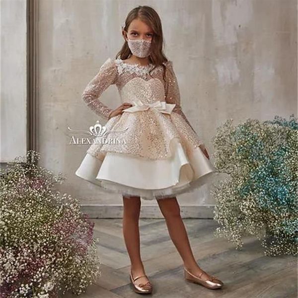 

glitter 2022 pink sequined flower girl dresses long sleeves lace birthday wedding guest robe de demoiselle princess communion305v, White;blue