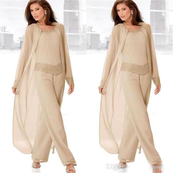 

champagne three piece mother of the bride pant suits with long jackets long sleeves beaded chiffon mother plus size wedding guest 273s, Black;red