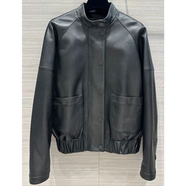

7.22 fashion black 100% sheepskin single breasted pocket zipper women's leather jacket