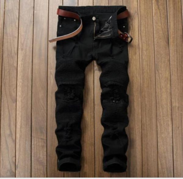 

fashion designer mens ripped biker jeans leather patchwork slim fit black moto denim joggers for male distressed jeans pants2045392, Blue