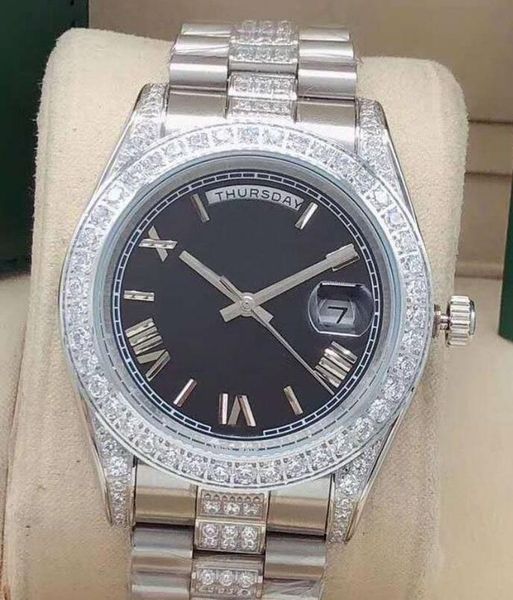 

41mm men's automatic mechanical watch mens diamond watches day-date men stainless steel buckle sport waterproof fashion wristwatch man, Slivery;brown