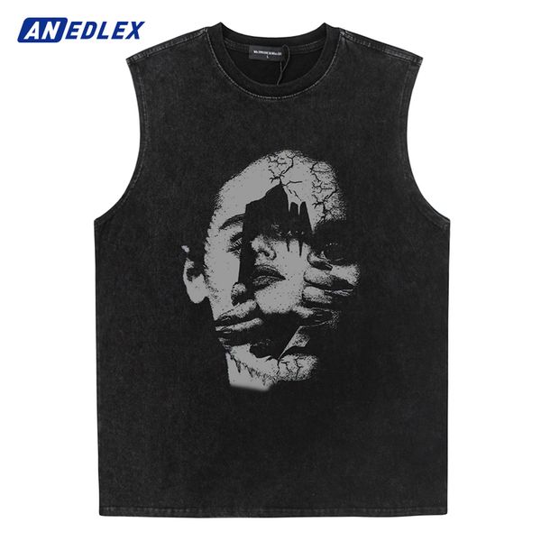 

men  tank summer men washed vest hip hop streetwear punk style evil face portrait graphic printed loose sleeveless 230721, White;black