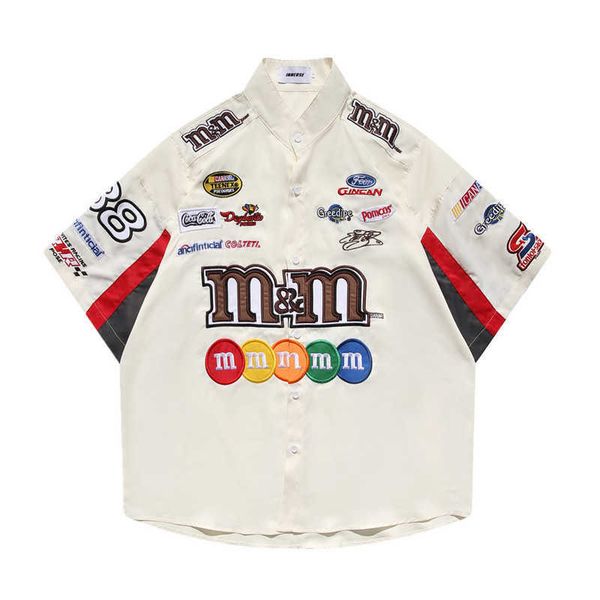 

gaojie chaopai street heavy industry embroidery locomotive style short sleeve shirt, White;black