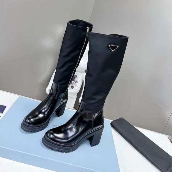 

new autumn and winter brand women's designer shiny leather and nylon lace up high heel mid length boots ankle boots martin boots leathe, Black