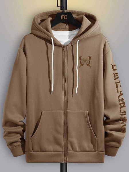 

men 's fashion emrg men letter graphic zip up drawstring lined hoodie without, White;black