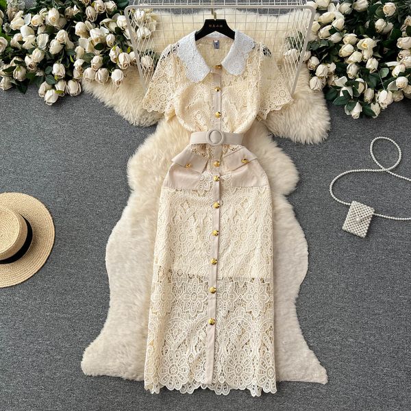 

basic casual dresses runway hollow crochet lace dress summer party women embroidery luxury designer midi holiday vestidos de fiesta 2023, Black;gray