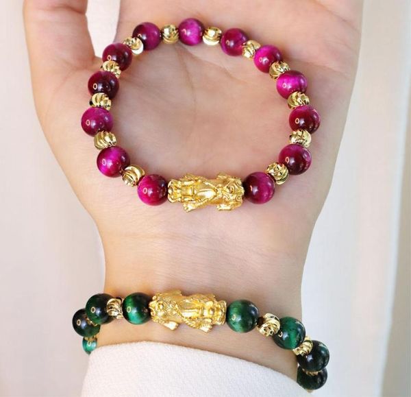 

feng shui tiger eye stone beads bracelet women wristband gold pixiu sand gold wealth and good luck women bracelet6751891, Golden;silver
