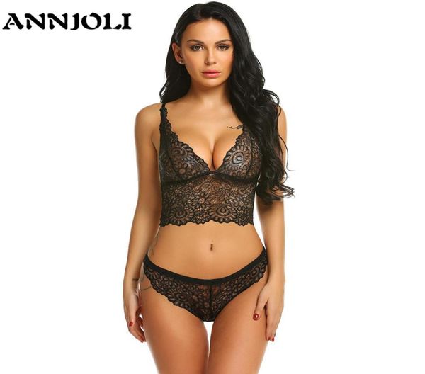 

bras sets annjoli women hollow lace floral lingerie plus size erotic nightwear nighty costumes bra with g string underwear8674493, Red;black