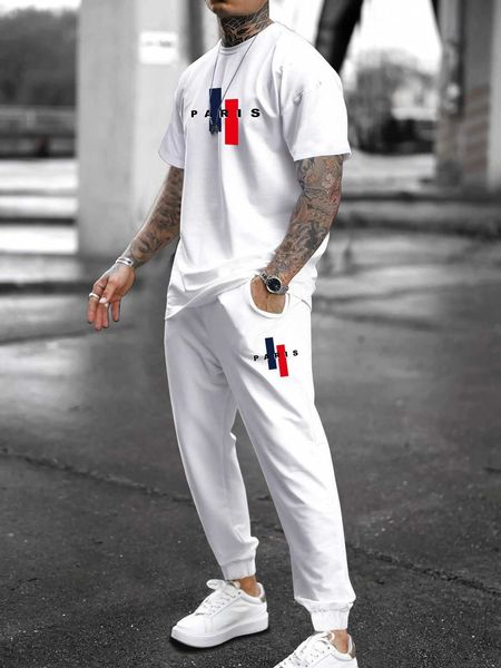 

men's clothing men's letter pattern t-shirt and sweatpants, White;black