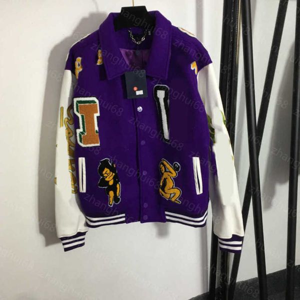 

23ss womens jacket womens designer clothing back frog plush embroidered letter patch with leather long sleeve baseball jacket women clothes, Black;brown