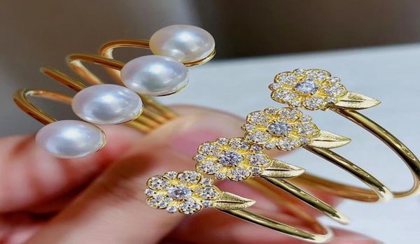 

22071703 pearl jewelry flower bracelet bangle 925silver akoya 59mm au750 18k yellow gold au750 plated cuff1705113, Black
