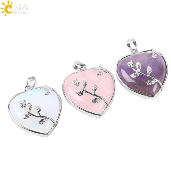 

csja natural stone jewelry new arrival rose flower pendant leaf necklace copper real love heart gemstone crystal jewellery for gir9810886, Silver